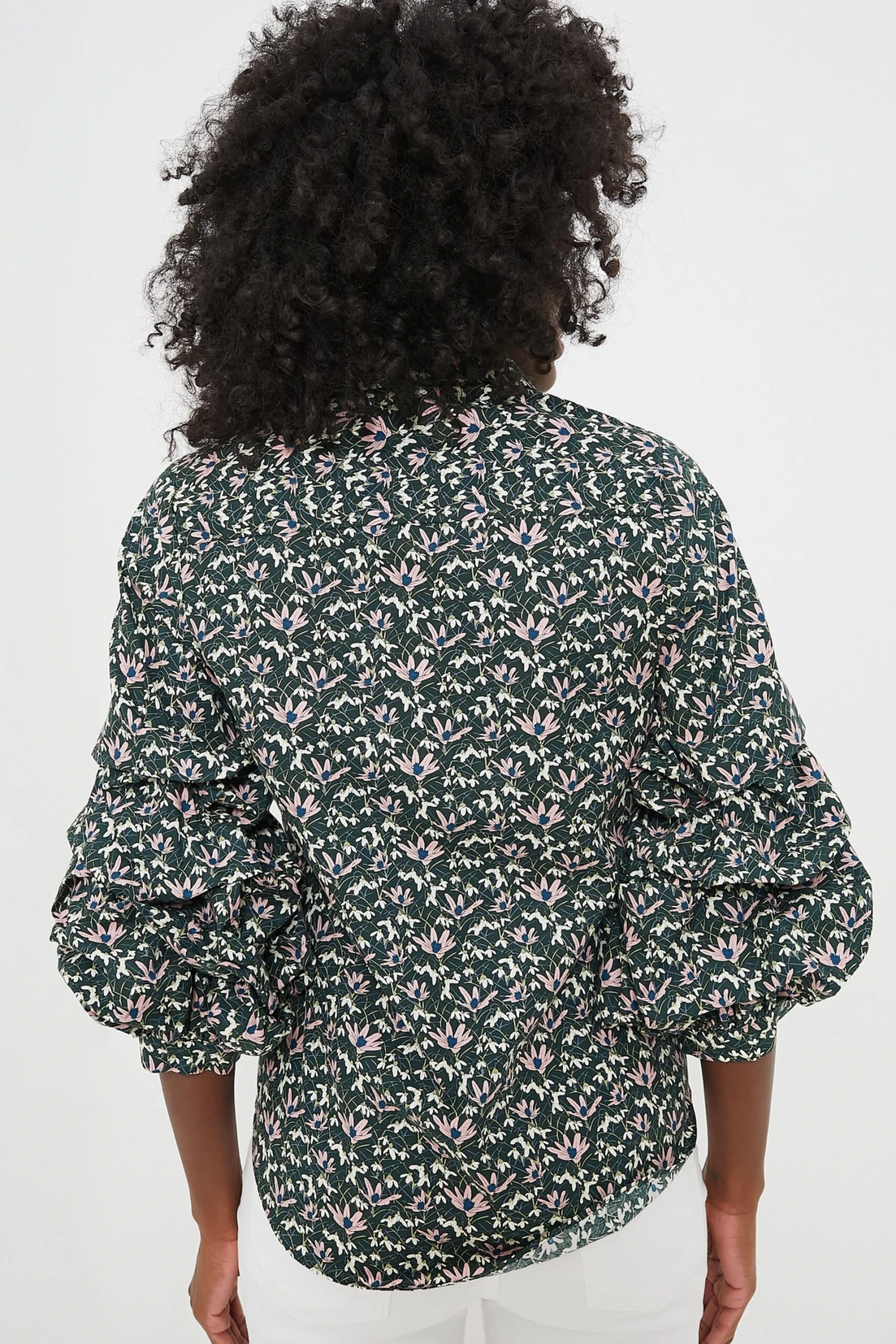 Green Floral Ruffle Sleeve Button Down Noah Blouse 4 Green Floral Ruffle Sleeve Button Down Noah Blouse - Image 4