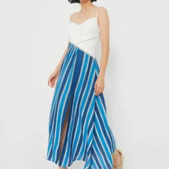 White & Blue Stripe Linen Maxi Dress
