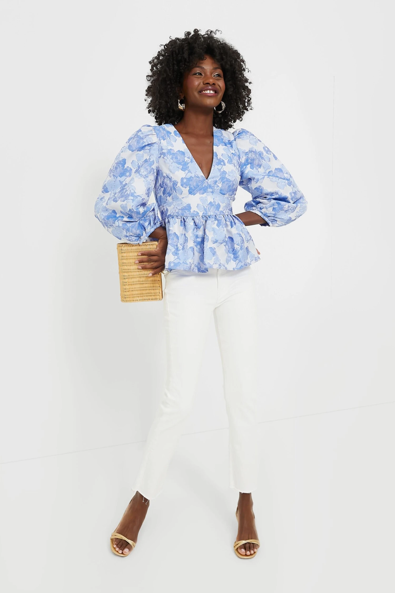 Blue Jacquard Puff Sleeve Eleanor Blouse 2 Blue Jacquard Puff Sleeve Eleanor Blouse - Image 2