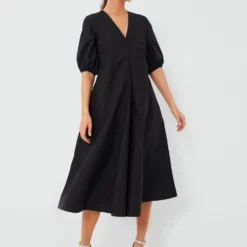 Ganni Black Cotton Poplin V-Neck Long Dress