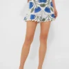 White And Klein Blue High Waist Shorts With Bellflower Block Print
