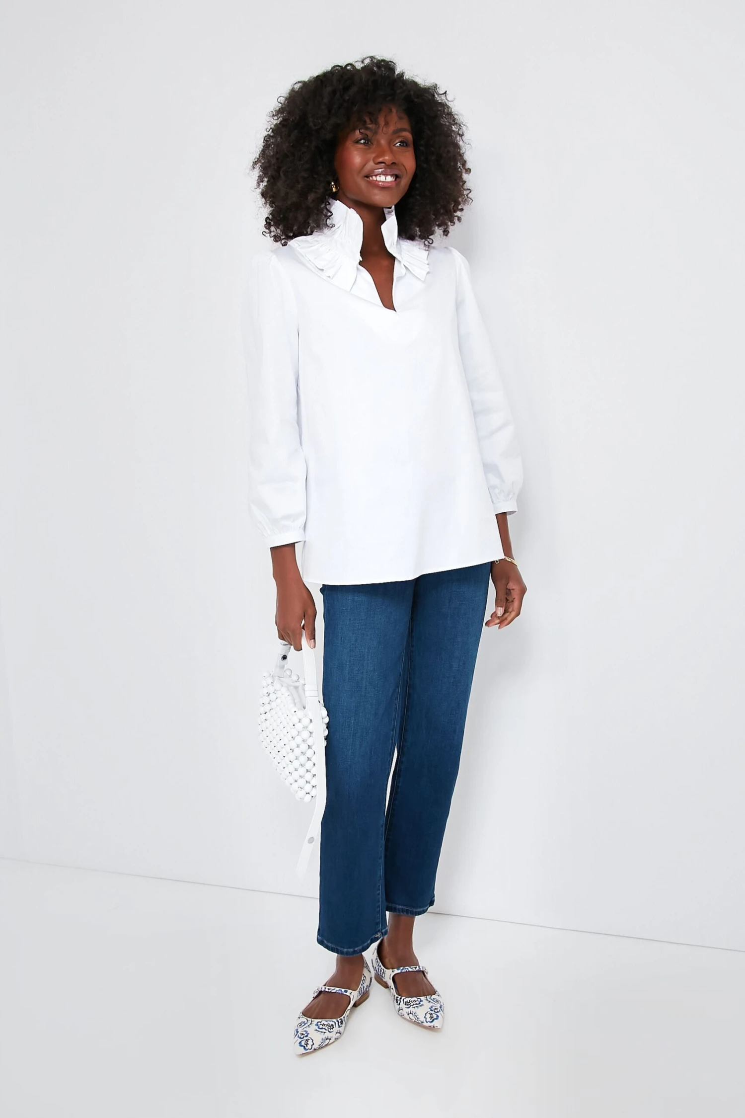 White Stretch Poplin Ruffle Neck Bouvier Blouse 6 White Stretch Poplin Ruffle Neck Bouvier Blouse - Image 6