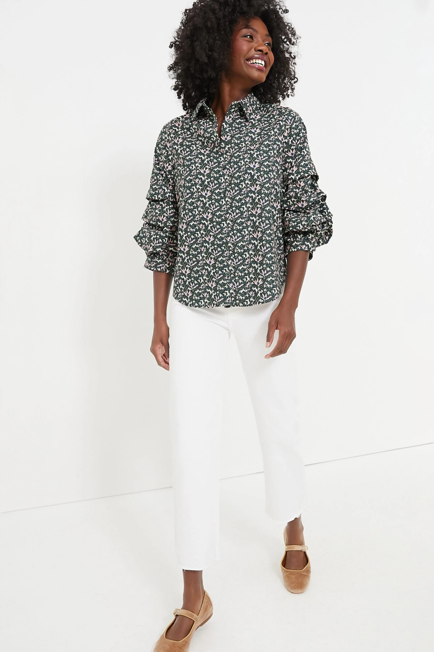 Green Floral Ruffle Sleeve Button Down Noah Blouse 6 Green Floral Ruffle Sleeve Button Down Noah Blouse - Image 6