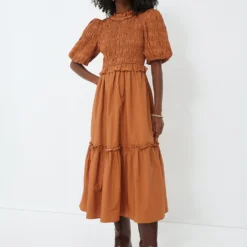 Exclusive Caramel Bubble Sleeve Smocked Midi Dress
