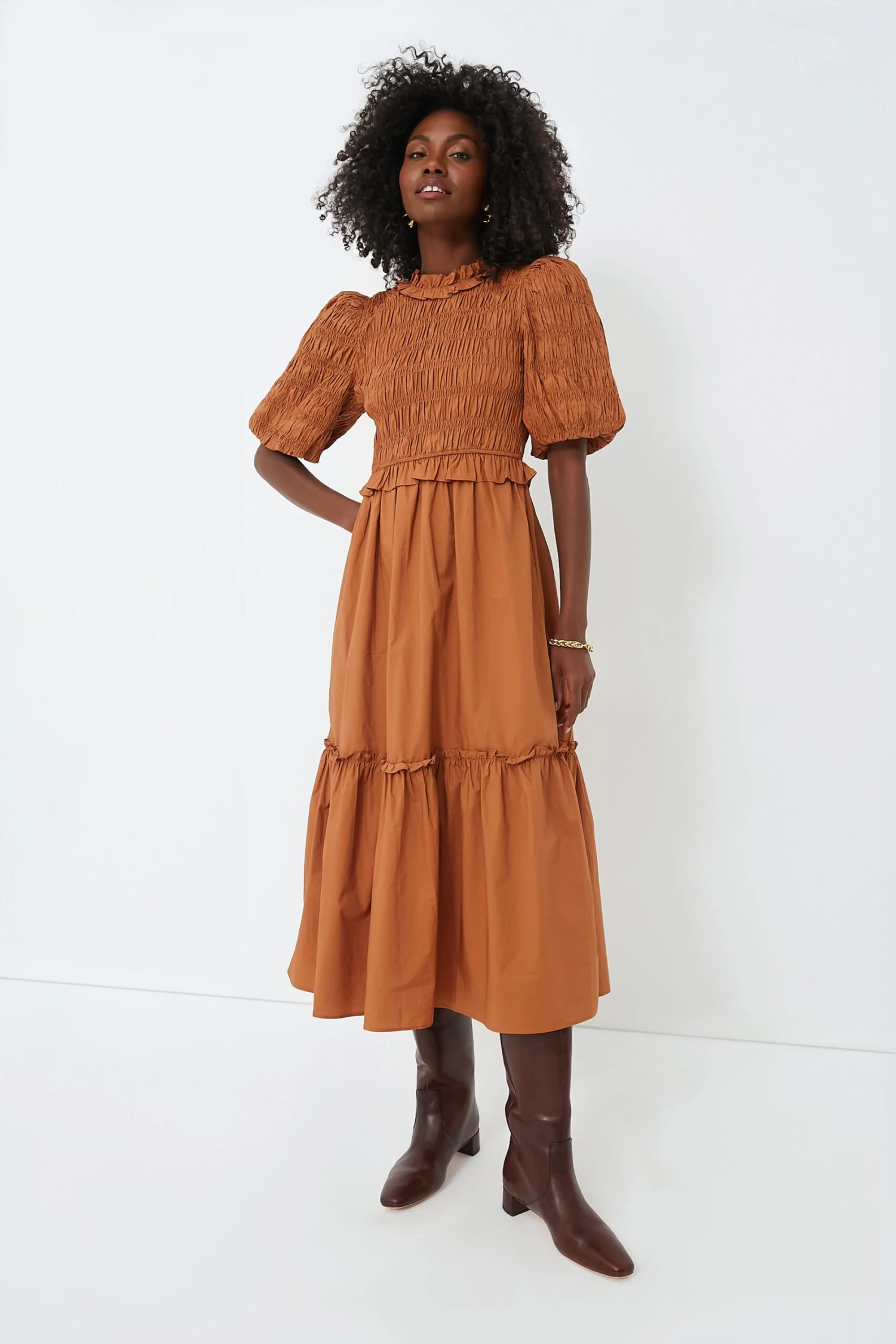 Exclusive Caramel Bubble Sleeve Smocked Midi Dress 1 Exclusive Caramel Bubble Sleeve Smocked Midi Dress