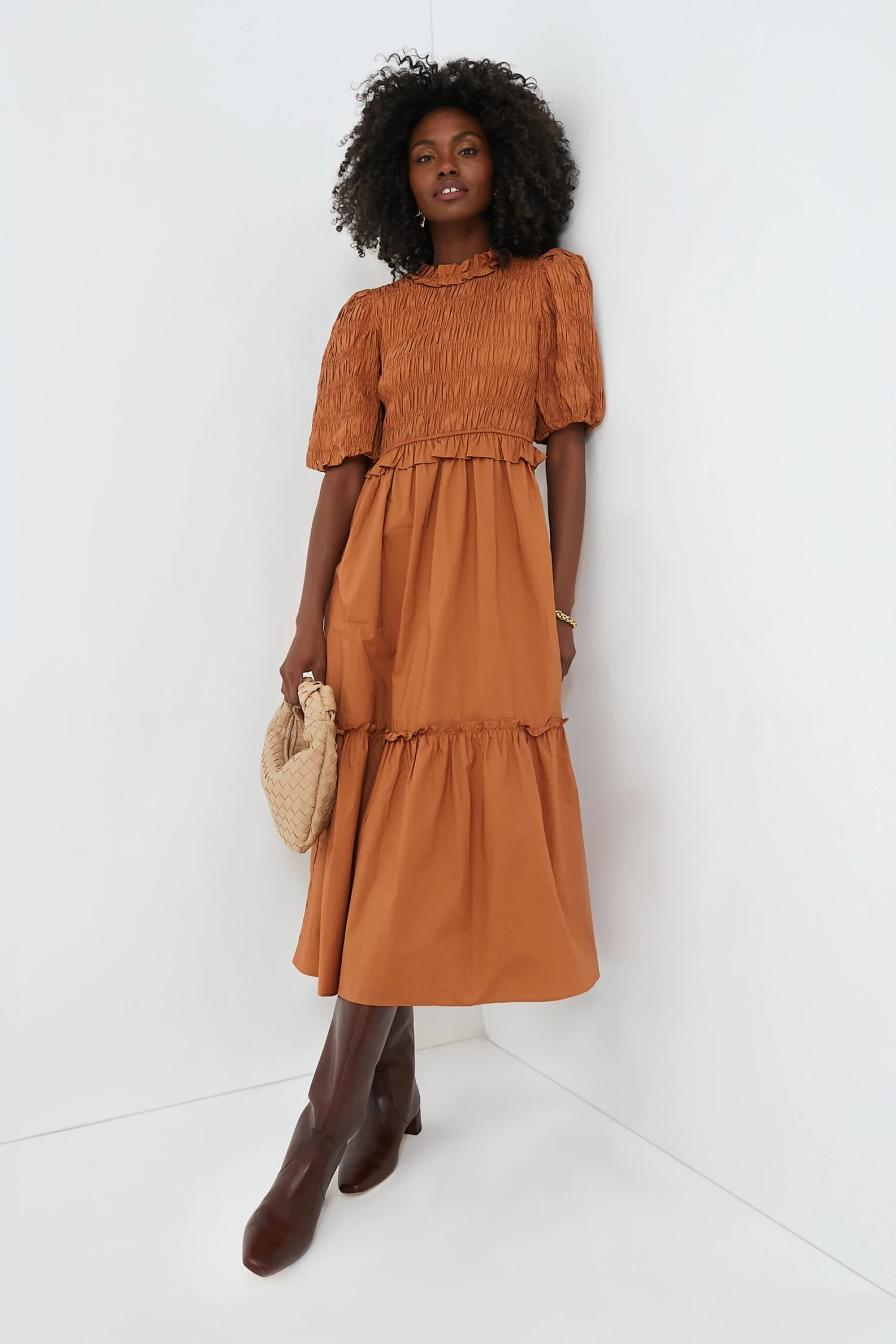Exclusive Caramel Bubble Sleeve Smocked Midi Dress 2 Exclusive Caramel Bubble Sleeve Smocked Midi Dress - Image 2