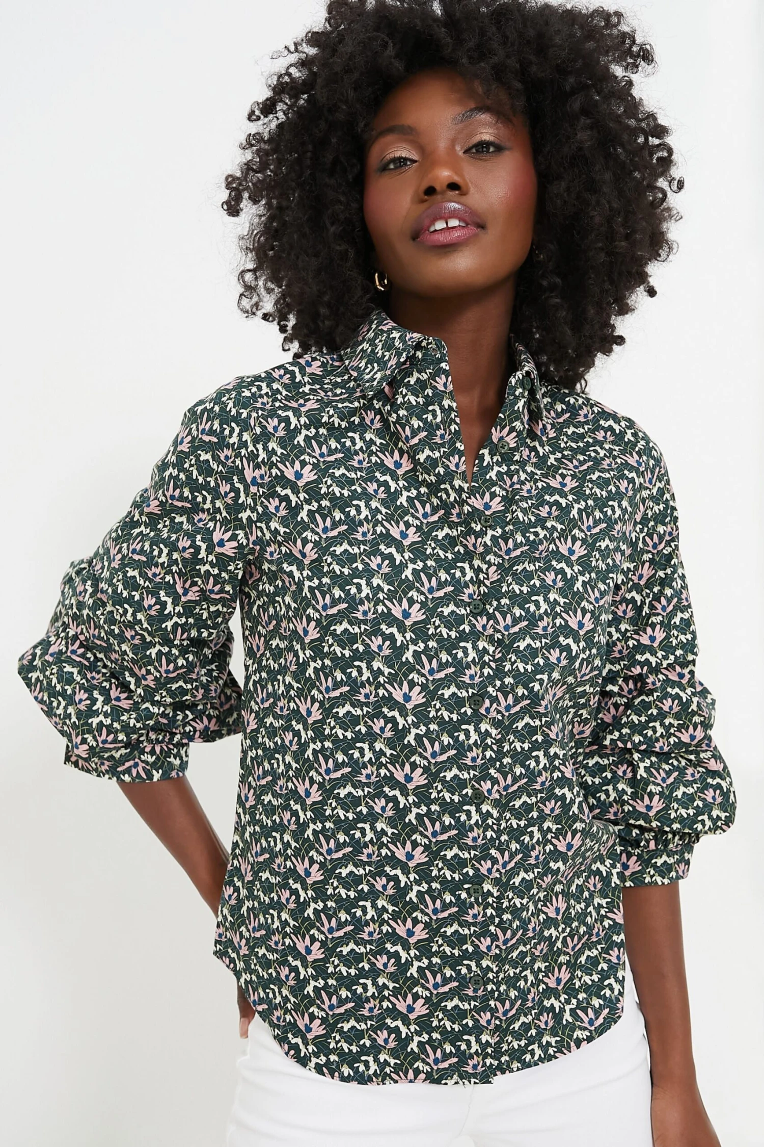 Green Floral Ruffle Sleeve Button Down Noah Blouse 1 Green Floral Ruffle Sleeve Button Down Noah Blouse