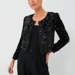 SELF PORTRAIT Black Sequin Cropped Jacket