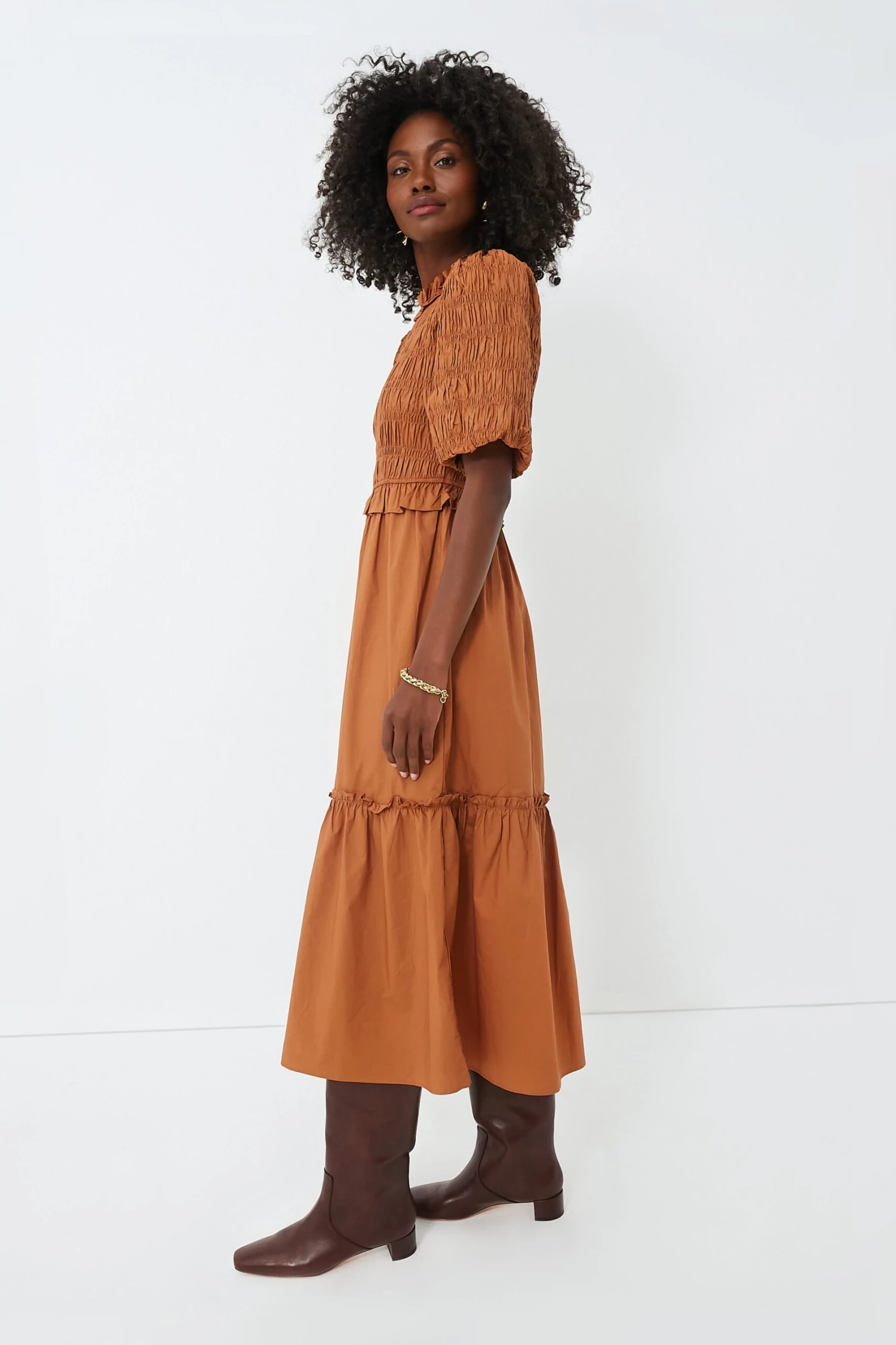 Exclusive Caramel Bubble Sleeve Smocked Midi Dress 3 Exclusive Caramel Bubble Sleeve Smocked Midi Dress - Image 3
