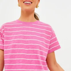 Marine Layer Pink And Skipper Blue Stripe Heavy Slub Boxy Crew Crop Tee