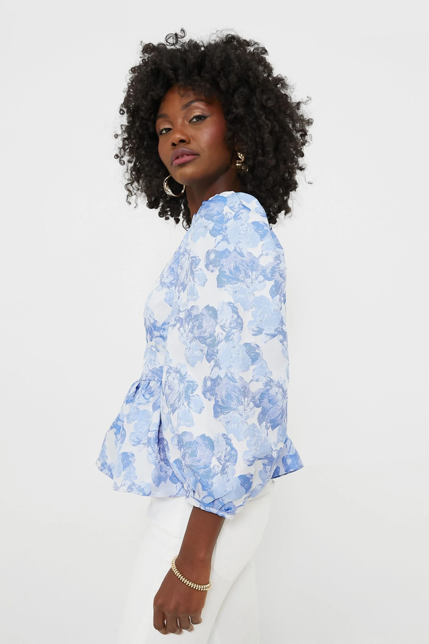 Blue Jacquard Puff Sleeve Eleanor Blouse 3 Blue Jacquard Puff Sleeve Eleanor Blouse - Image 3