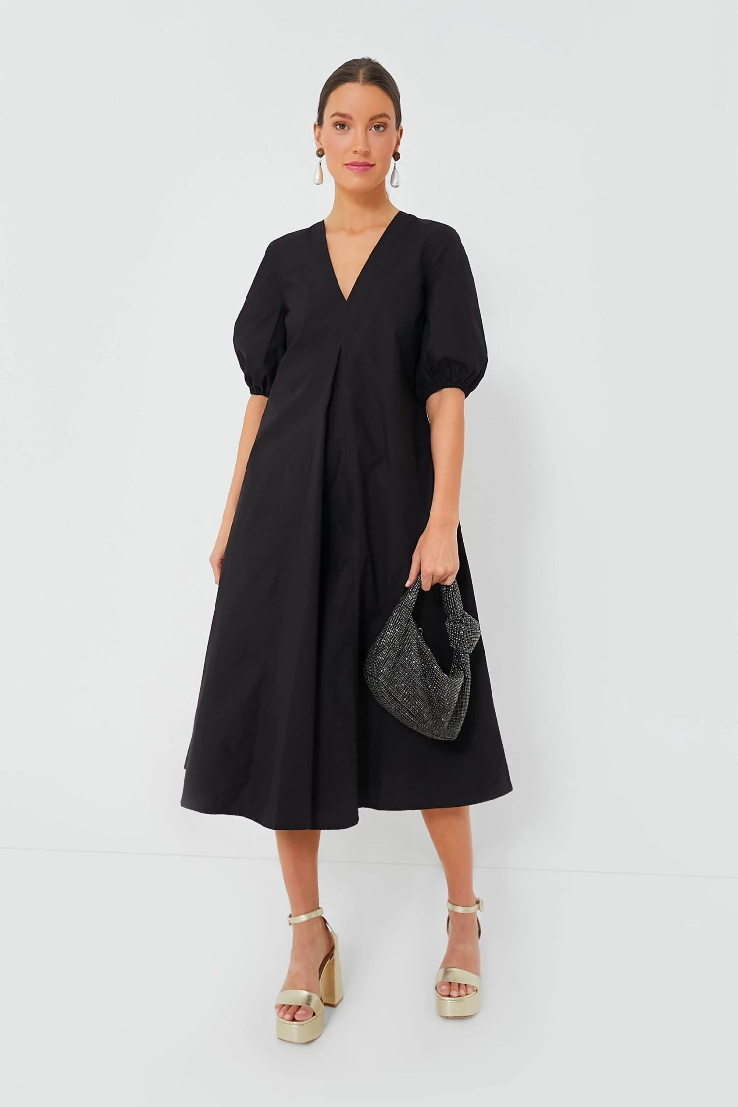 Ganni Black Cotton Poplin V-Neck Long Dress 2 Ganni Black Cotton Poplin V-Neck Long Dress - Image 2