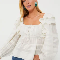 Farm Rio Off-White Squared Neckline Long Sleeve Blouse