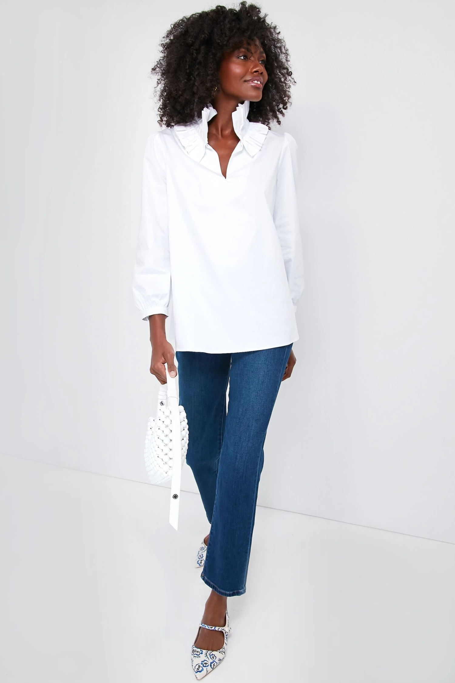 White Stretch Poplin Ruffle Neck Bouvier Blouse 2 White Stretch Poplin Ruffle Neck Bouvier Blouse - Image 2