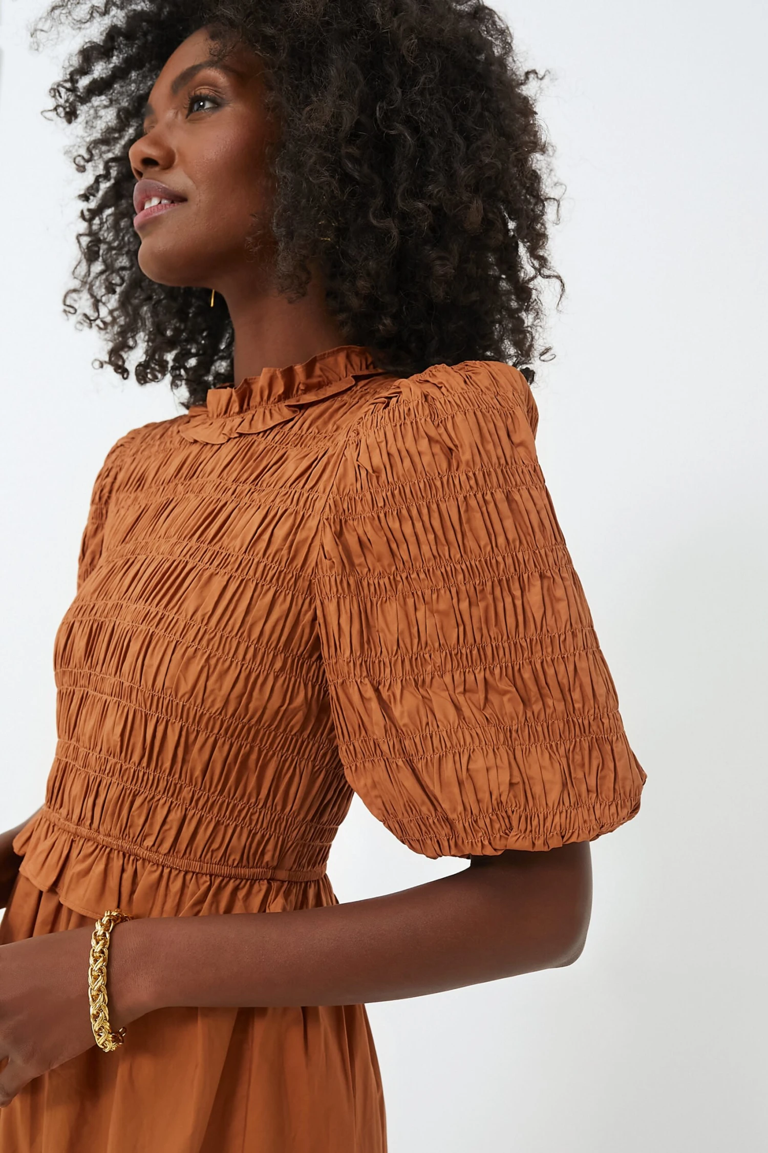 Exclusive Caramel Bubble Sleeve Smocked Midi Dress 5 Exclusive Caramel Bubble Sleeve Smocked Midi Dress - Image 5
