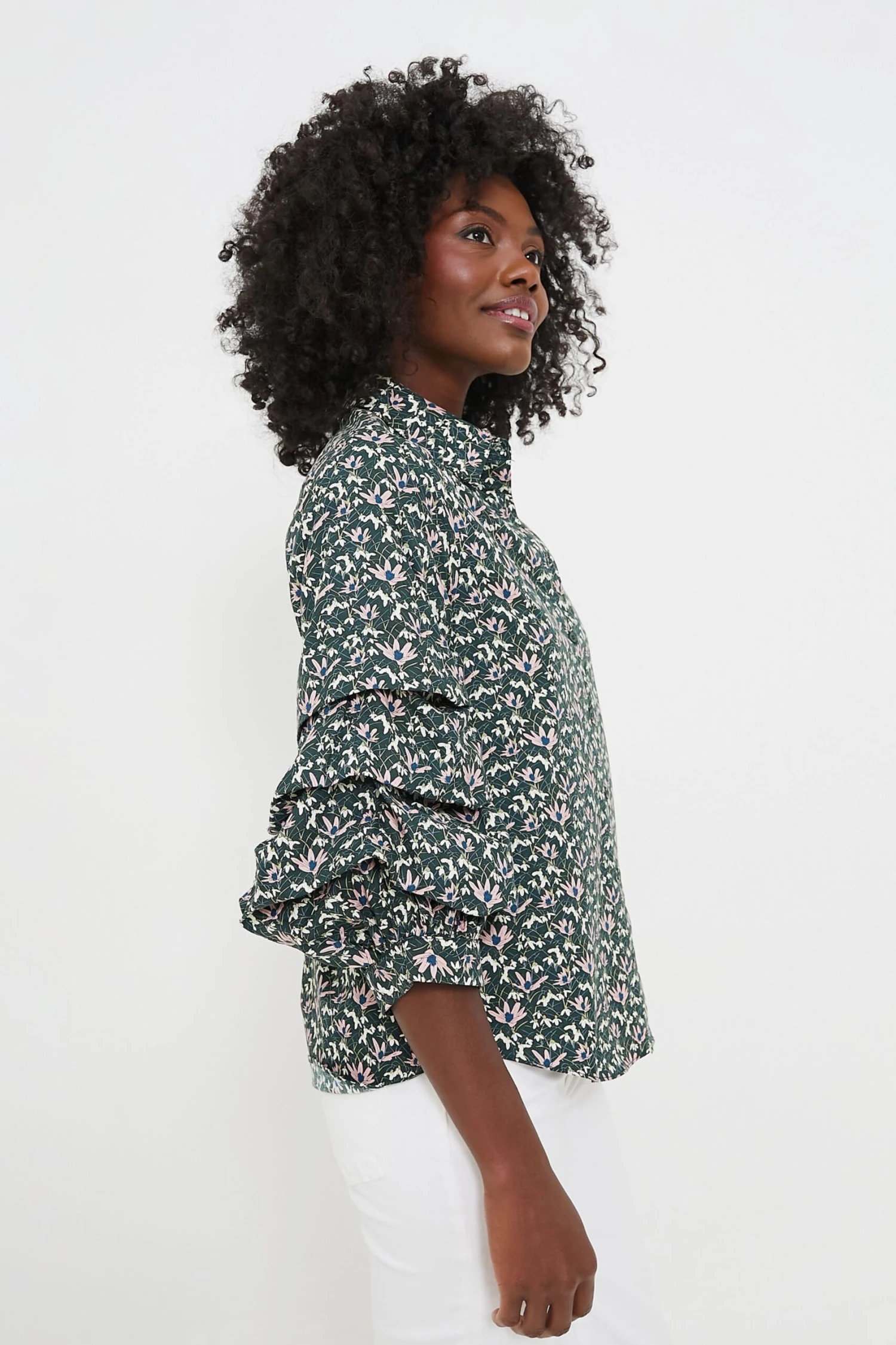 Green Floral Ruffle Sleeve Button Down Noah Blouse 3 Green Floral Ruffle Sleeve Button Down Noah Blouse - Image 3