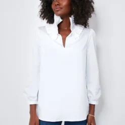 White Stretch Poplin Ruffle Neck Bouvier Blouse