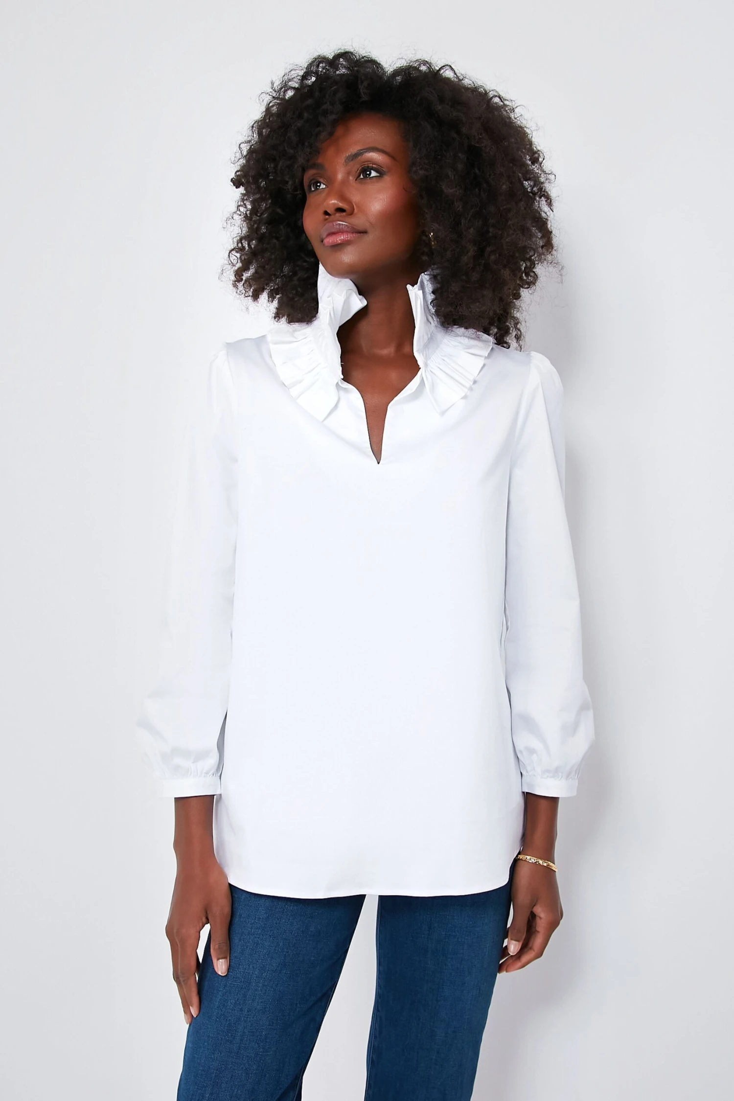 White Stretch Poplin Ruffle Neck Bouvier Blouse 1 White Stretch Poplin Ruffle Neck Bouvier Blouse
