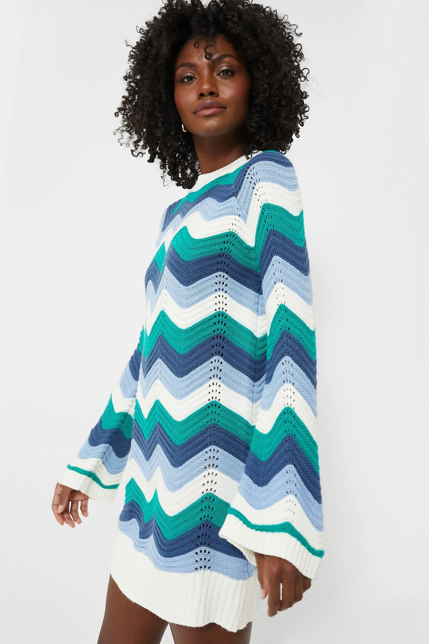 Aqua Wavy Bell Sleeve Beatriz Mini Dress 3 Aqua Wavy Bell Sleeve Beatriz Mini Dress - Image 3