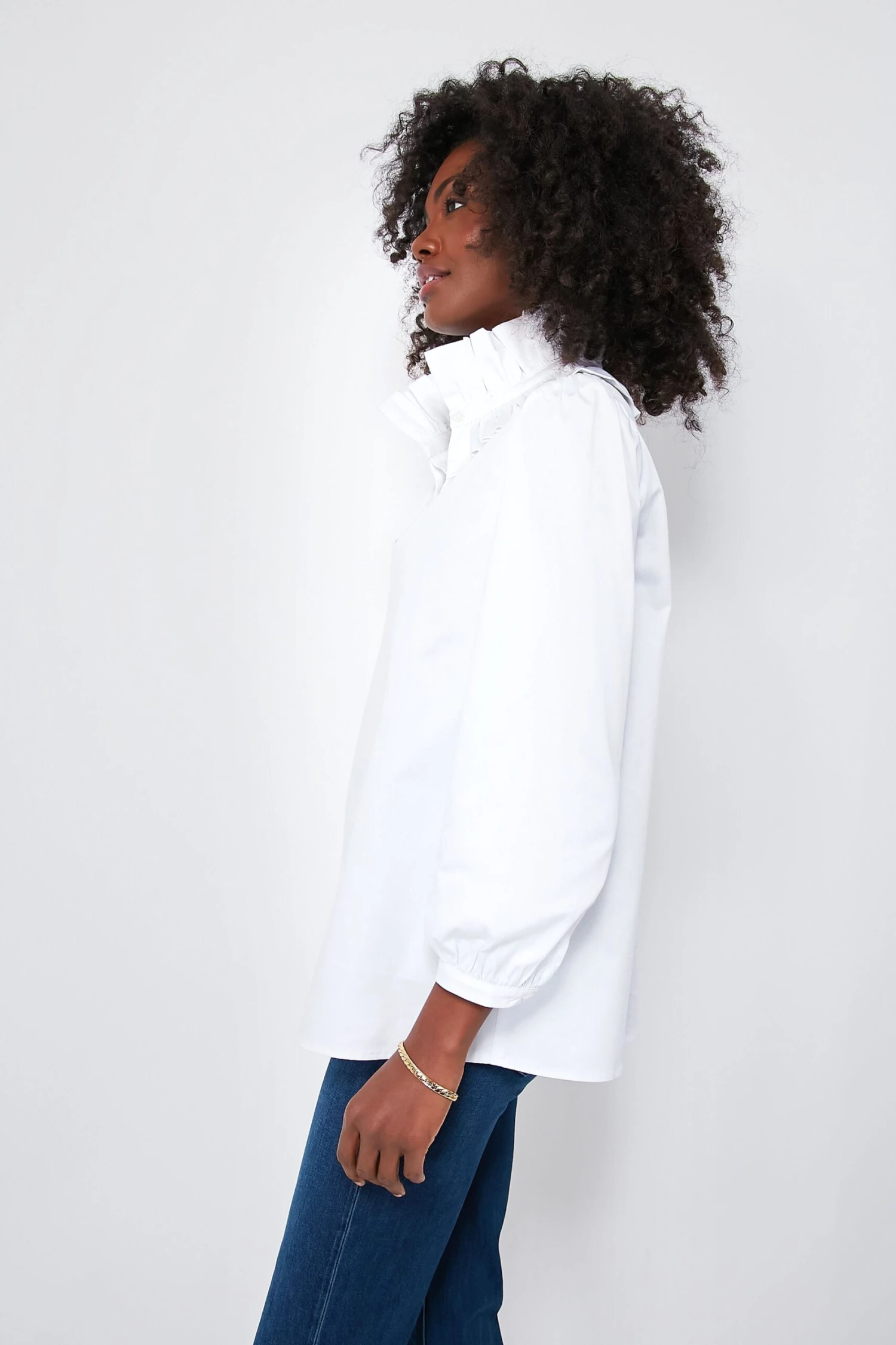 White Stretch Poplin Ruffle Neck Bouvier Blouse 3 White Stretch Poplin Ruffle Neck Bouvier Blouse - Image 3