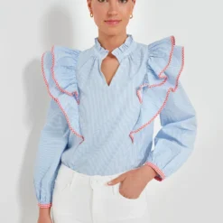 Blue Stripe Gingham Ruffle Holly Blouse