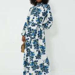 Blue Flower Bouquet Elanda Crepe Georgette Dress