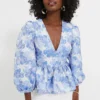 Blue Jacquard Puff Sleeve Eleanor Blouse