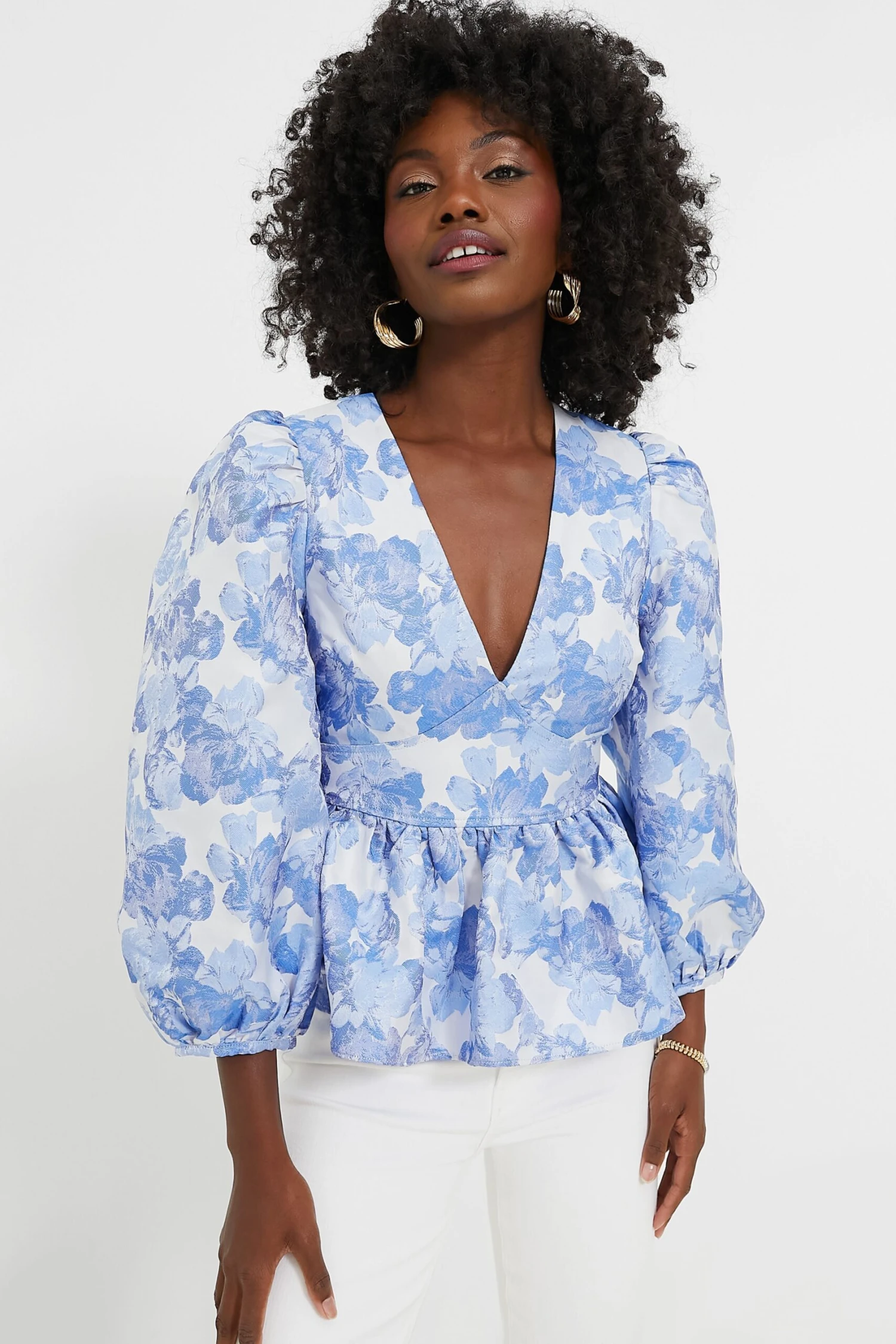 Blue Jacquard Puff Sleeve Eleanor Blouse 1 Blue Jacquard Puff Sleeve Eleanor Blouse