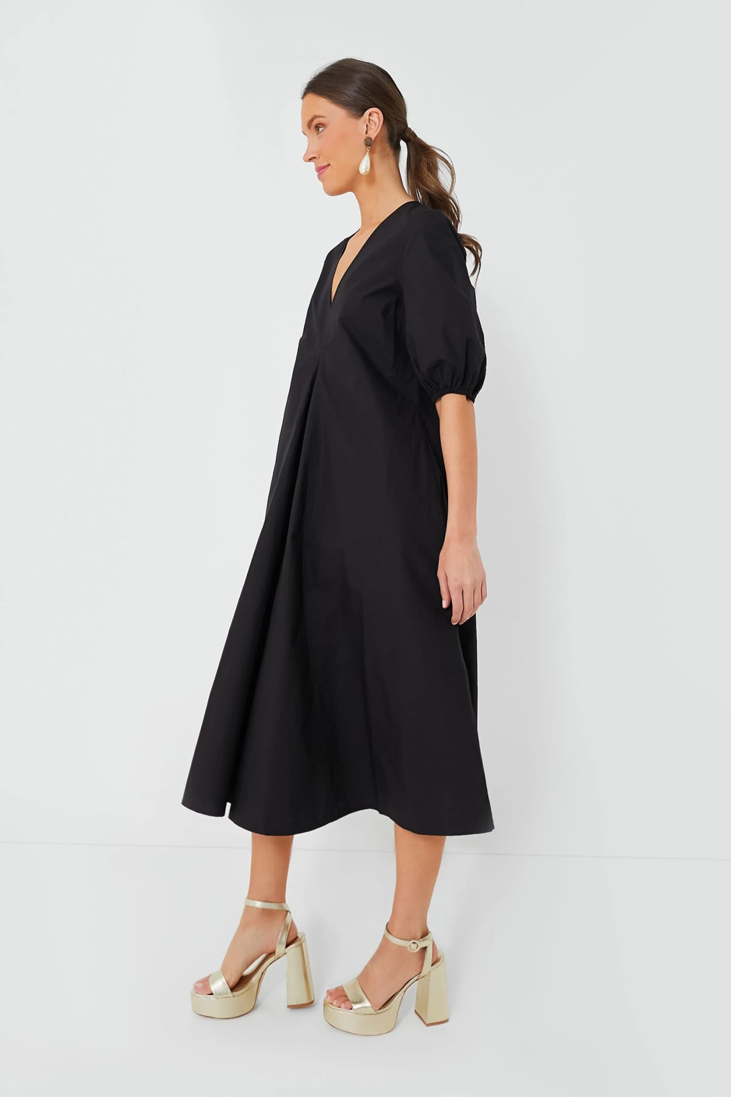 Ganni Black Cotton Poplin V-Neck Long Dress 3 Ganni Black Cotton Poplin V-Neck Long Dress - Image 3